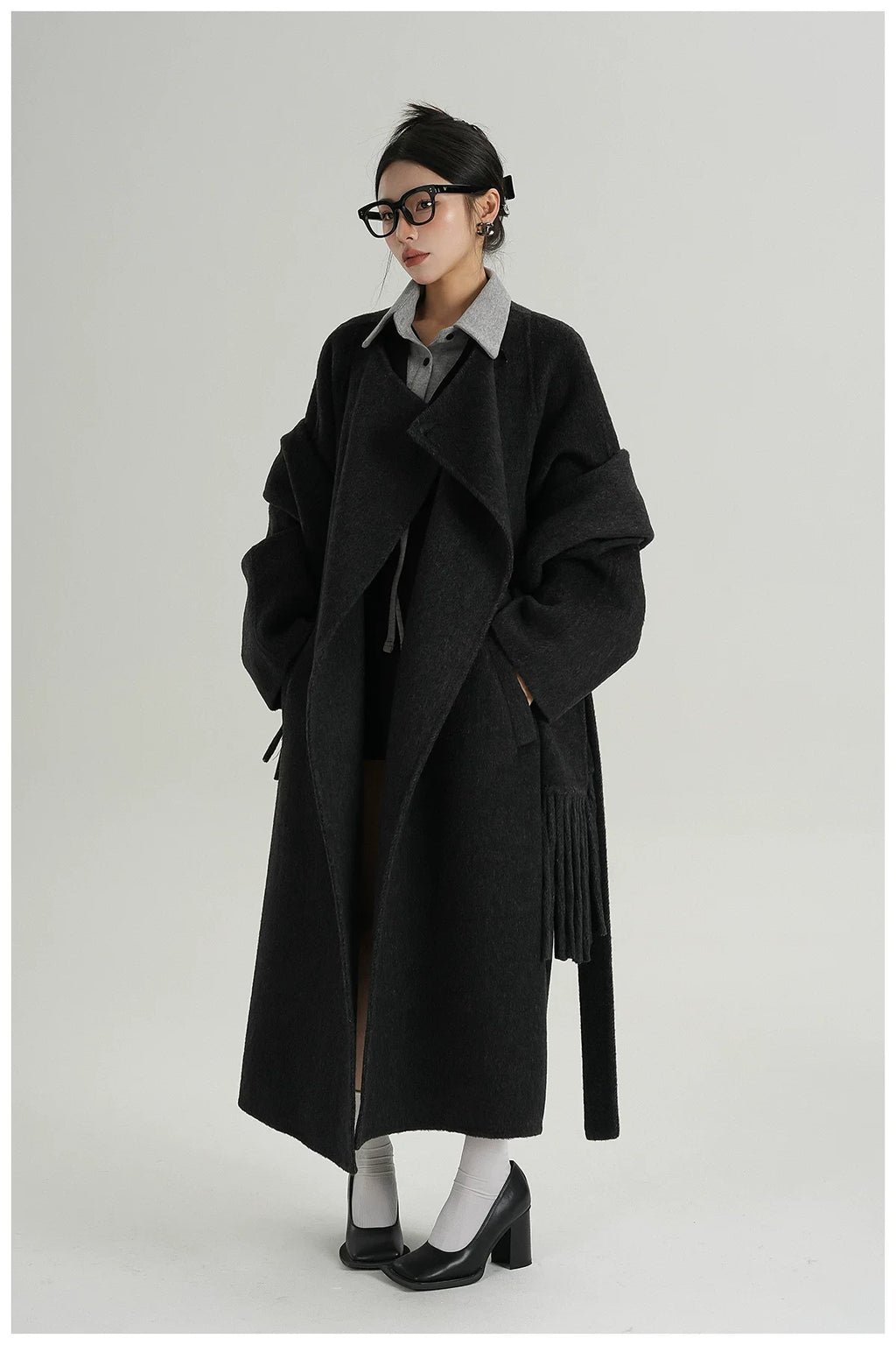 Fringe-Detail Wool Scarf-Style Long Coat