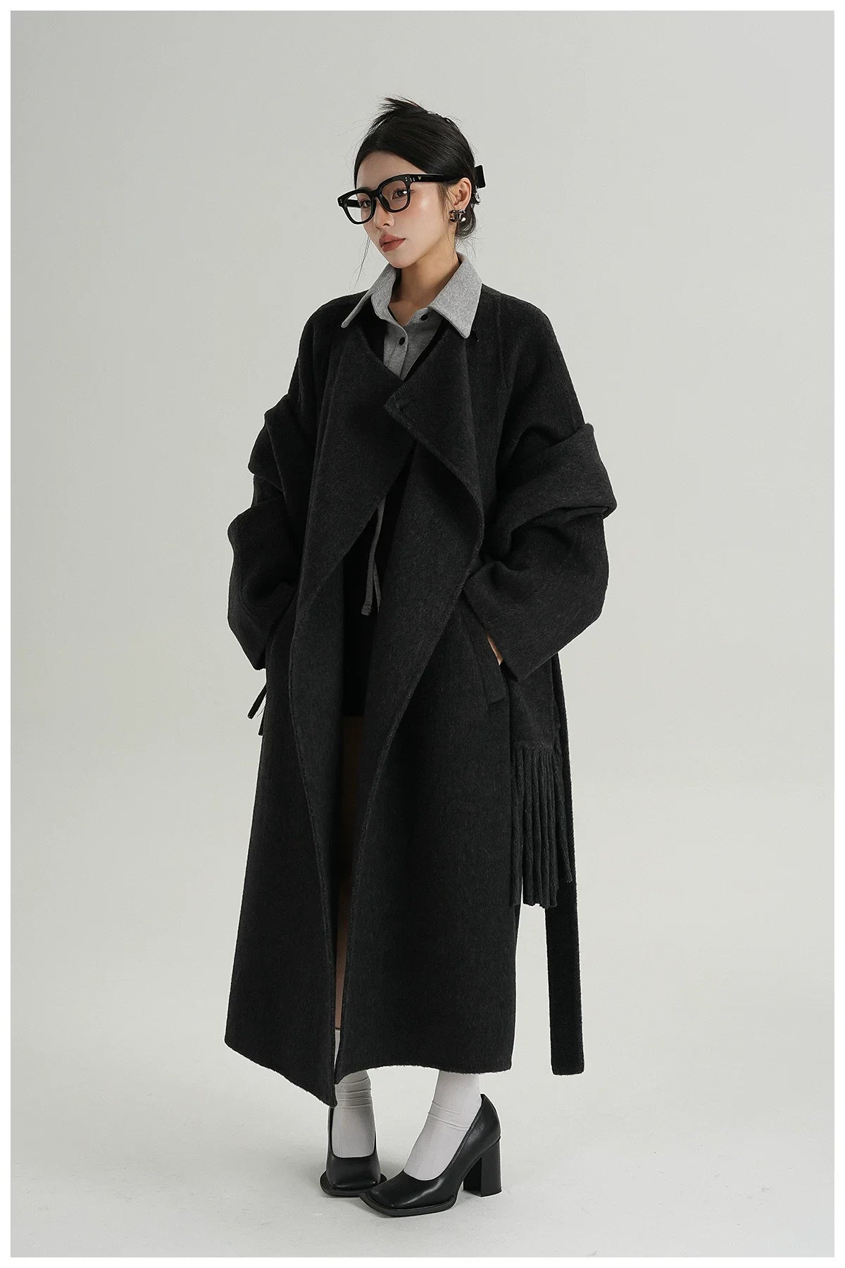 Fringe-Detail Wool Scarf-Style Long Coat