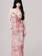 Floral V-Neck Spliced Print Slip Dress