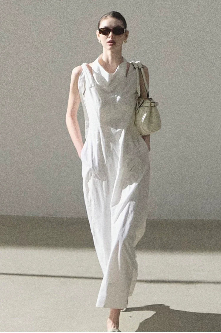 Halterneck Cotton Cinched-Waist Maxi Dress