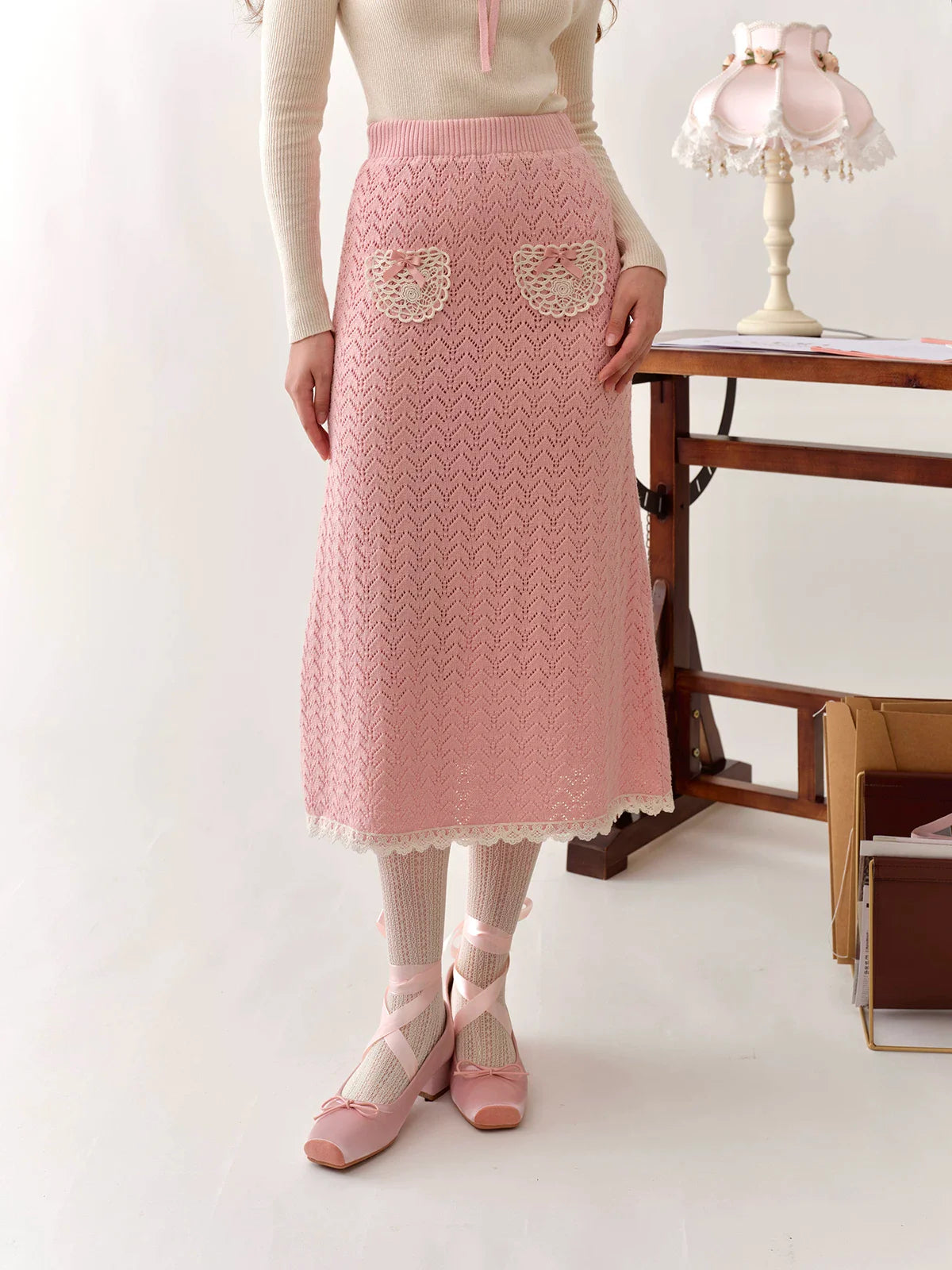 Collegiate White Mock-Neck Knit Top & Skirt Set