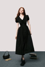 Puff-Sleeve Waist-Defined Maxi Dress