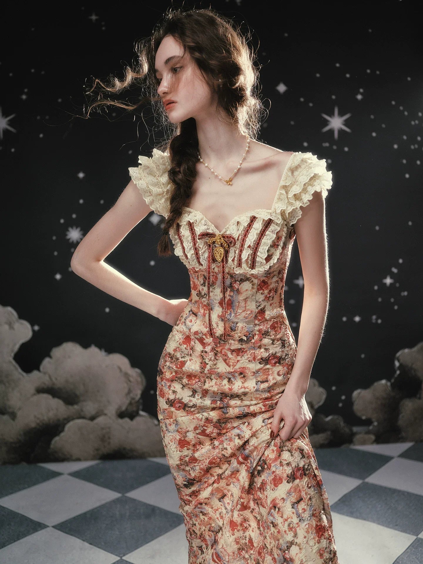 Vintage Lace-Patchwork Floral Mermaid Dress