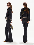Plaid Mid-Rise Flared Wide-Leg Jeans