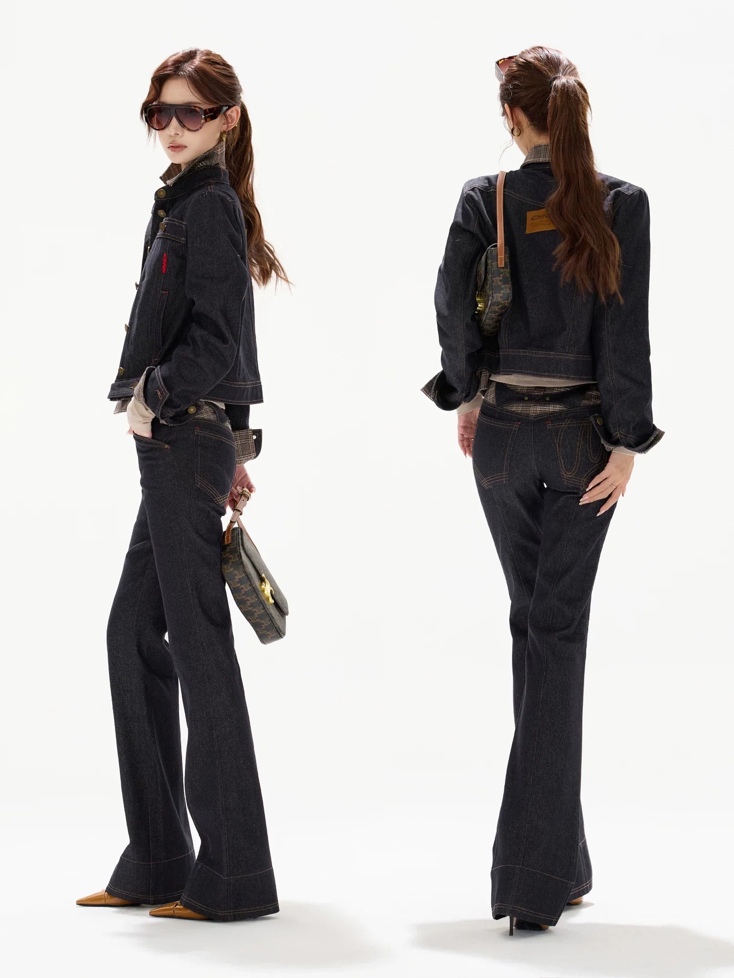 Plaid Mid-Rise Flared Wide-Leg Jeans