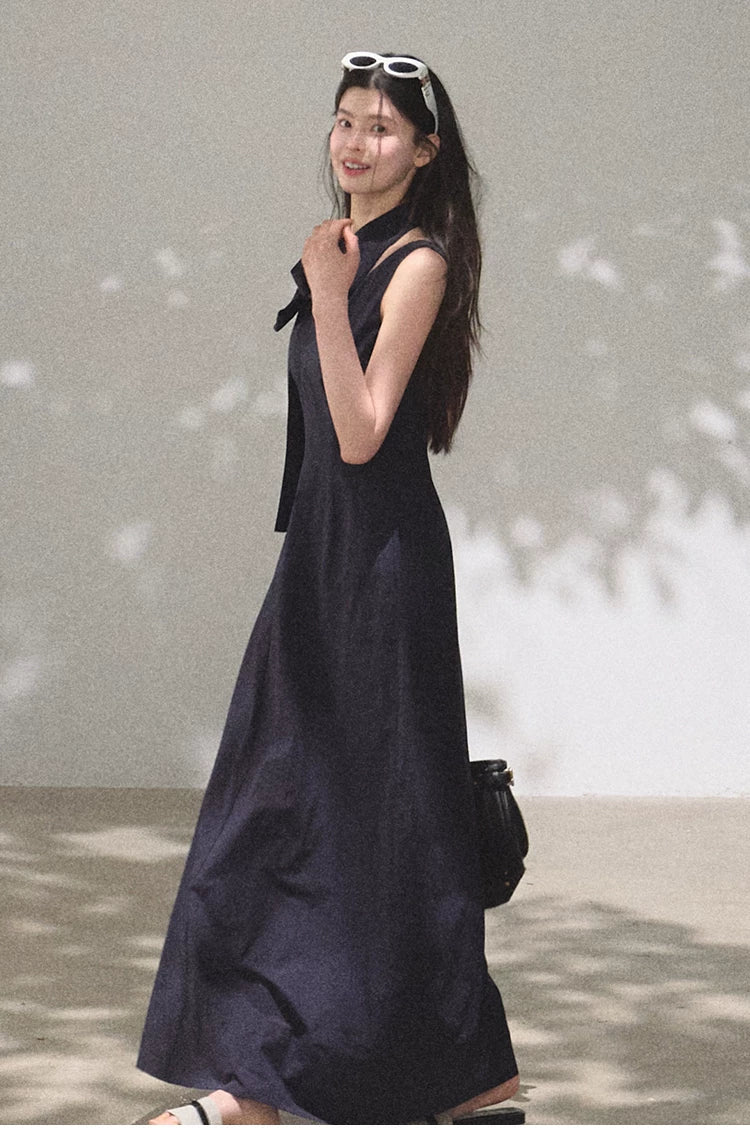 Halterneck Cotton Cinched-Waist Maxi Dress