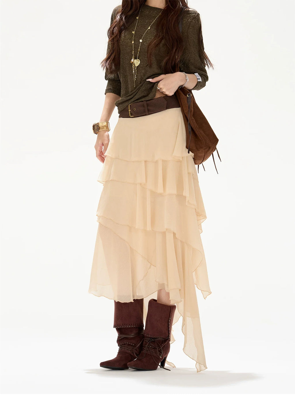 Faux-Belt Tiered Chiffon Maxi Skirt