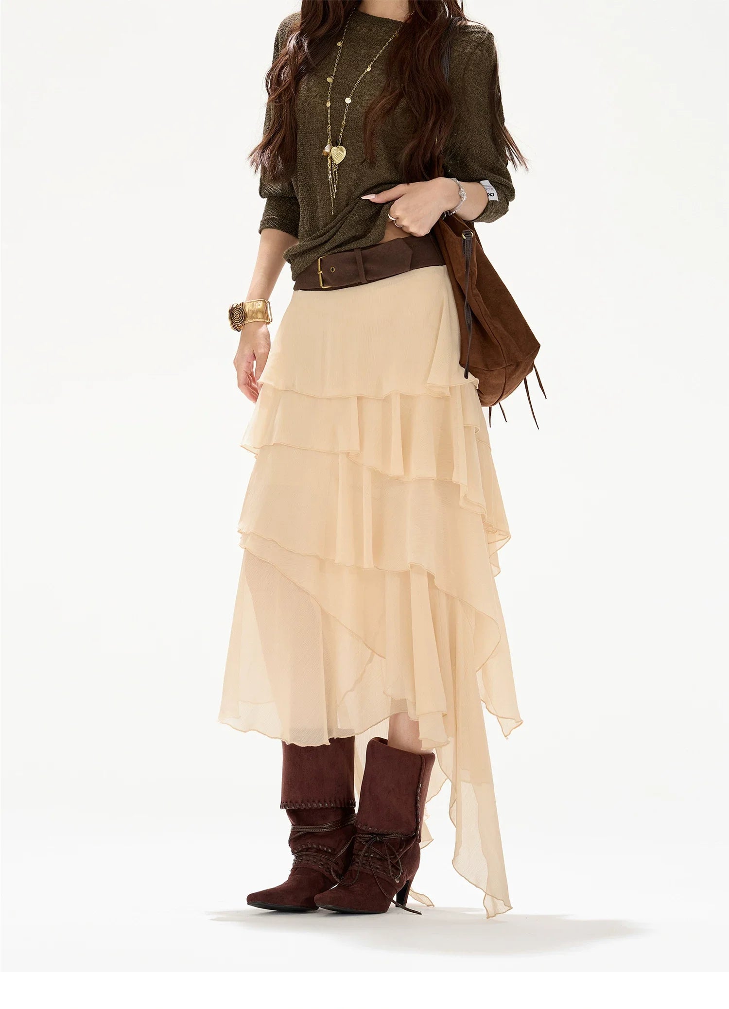 Faux-Belt Tiered Chiffon Maxi Skirt