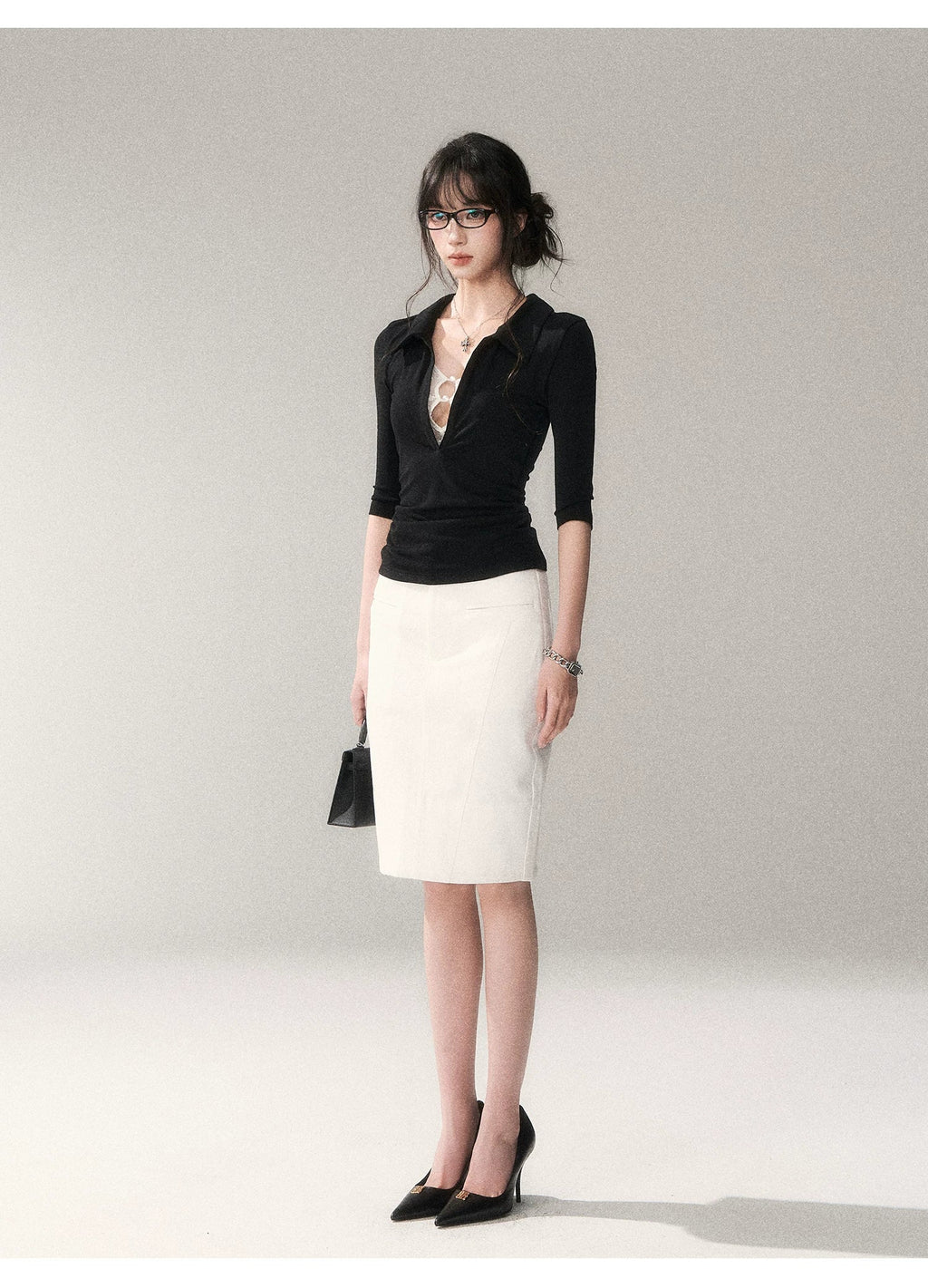 Black Lace Panel Faux-Layer Fitted Top