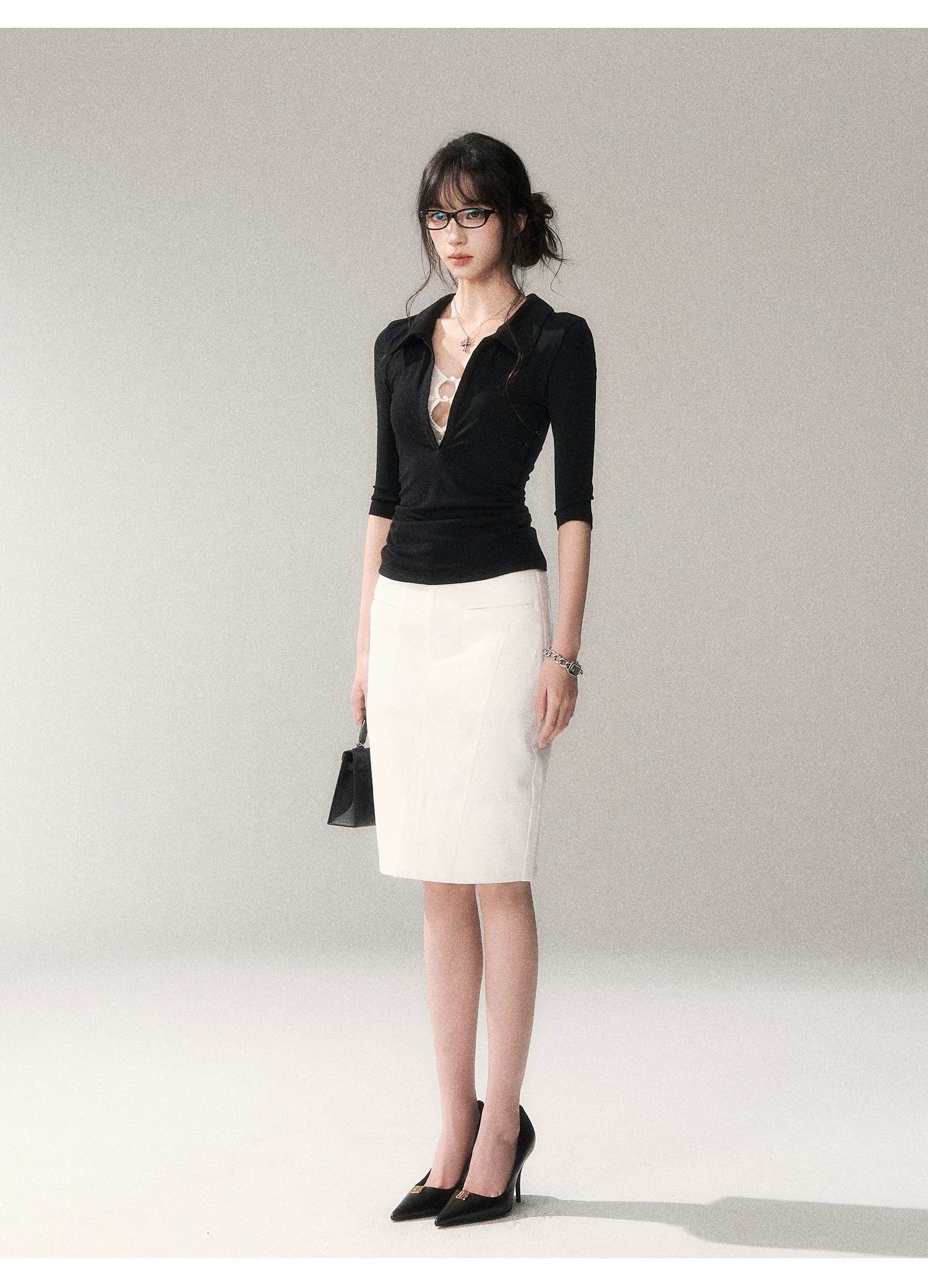 Black Lace Panel Faux-Layer Fitted Top