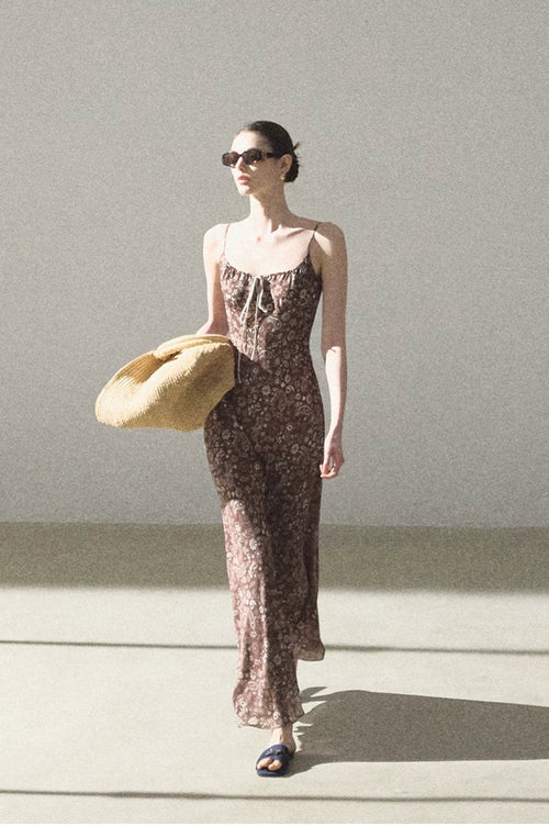 Bohemian Floral Print Waist-Cinched Sleeveless Slip Dress