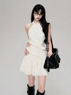 Textured Cut-Out Floral Halter Mini Dress