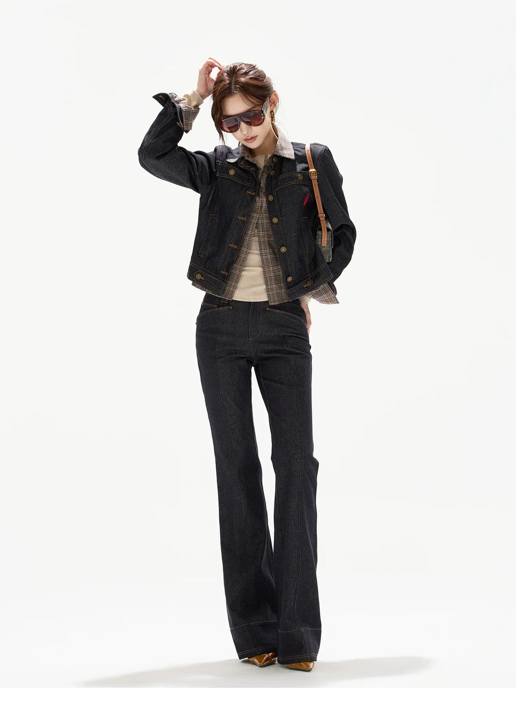 Plaid Mid-Rise Flared Wide-Leg Jeans