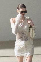 Asymmetric Wool-Modal Lightweight Off-Shoulder Knit T-shirt