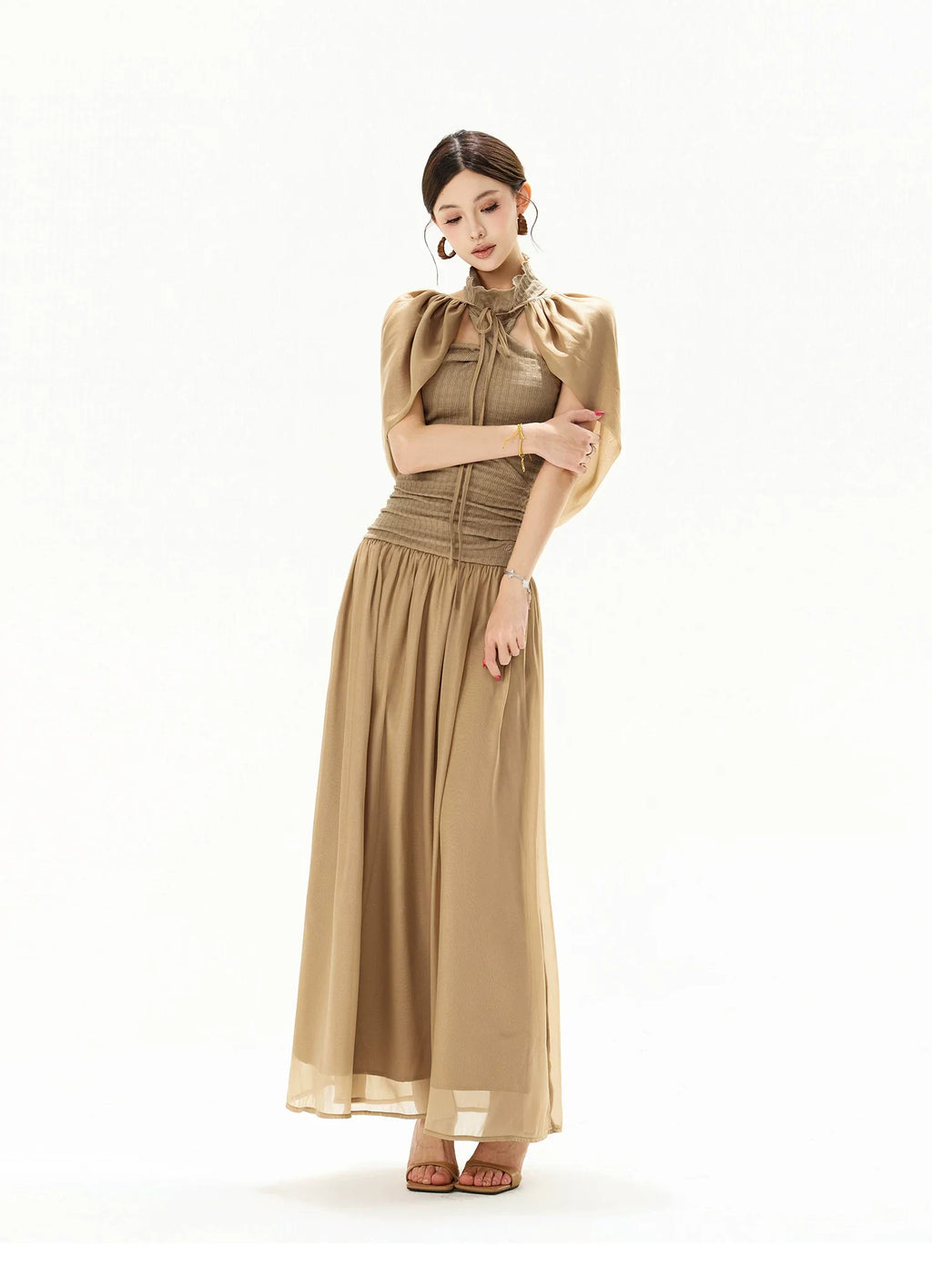 French Court Halter Draped Knit Maxi Dress