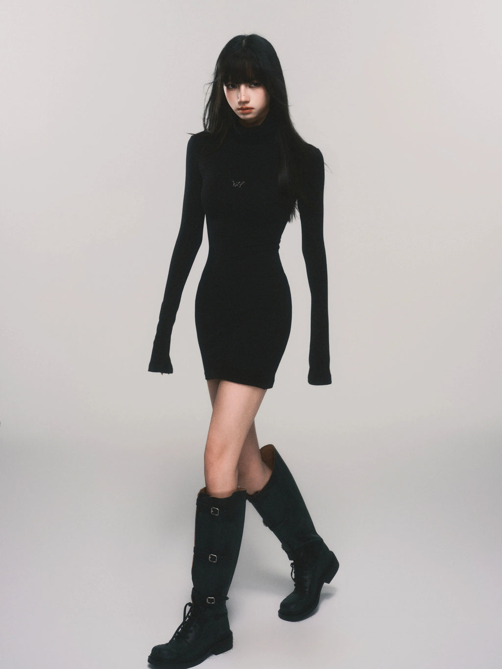 Slim-Fit Turtleneck Flared-Sleeve Knit Dress