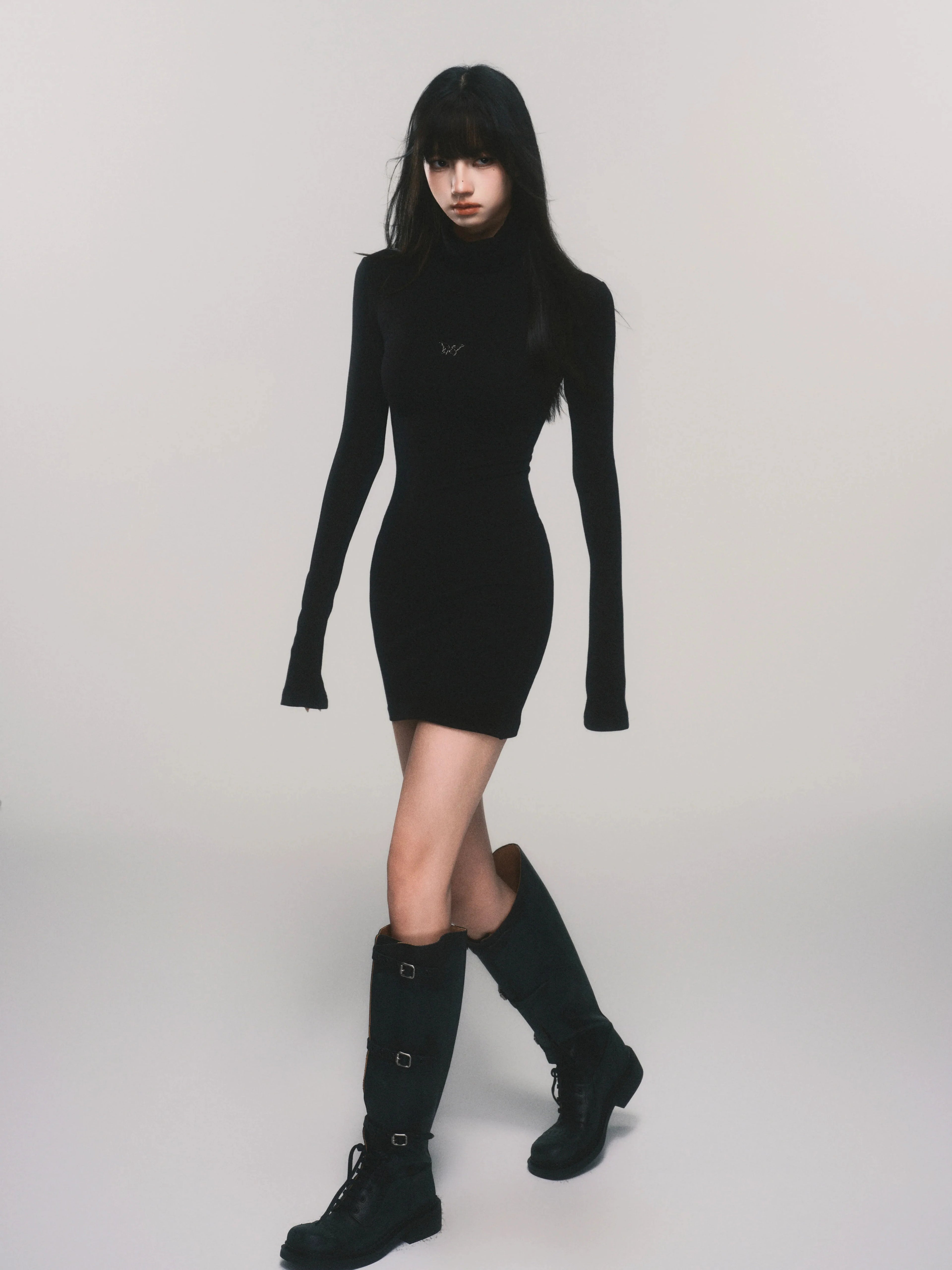 Slim-Fit Turtleneck Flared-Sleeve Knit Dress