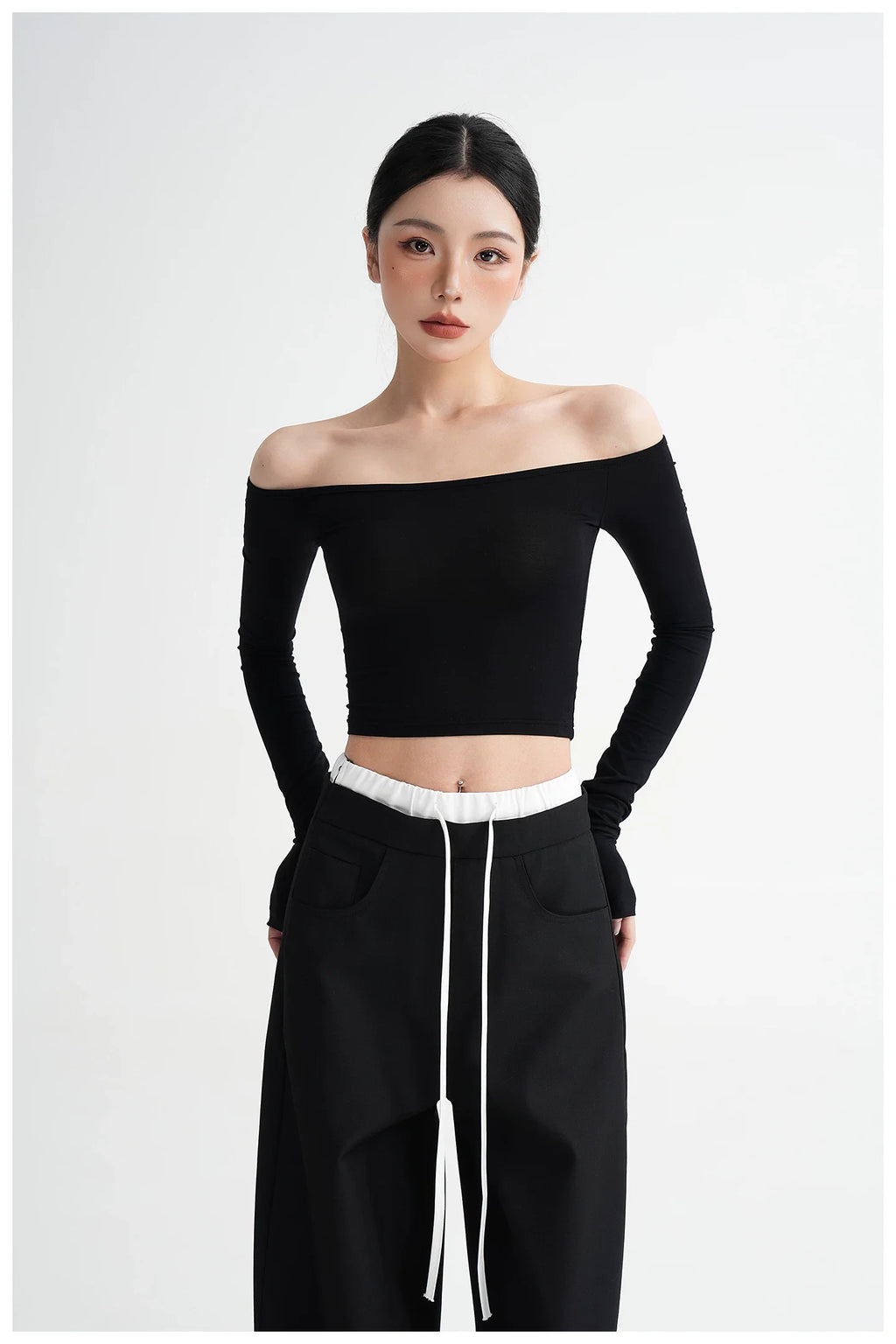 Off-Shoulder Cropped Fitted Long Sleeve T-Shirt