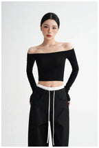 Off-Shoulder Cropped Fitted Long Sleeve T-Shirt