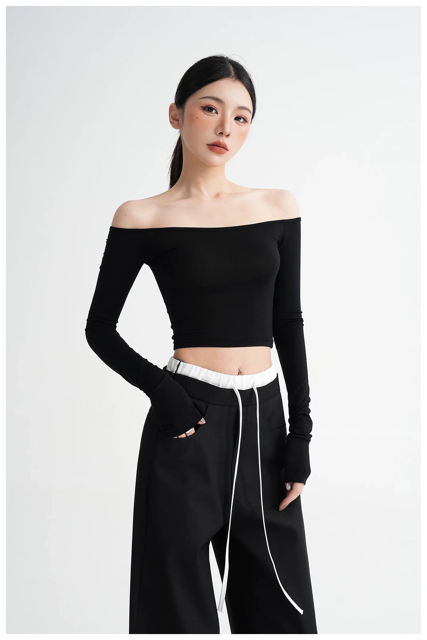 Off-Shoulder Cropped Fitted Long Sleeve T-Shirt