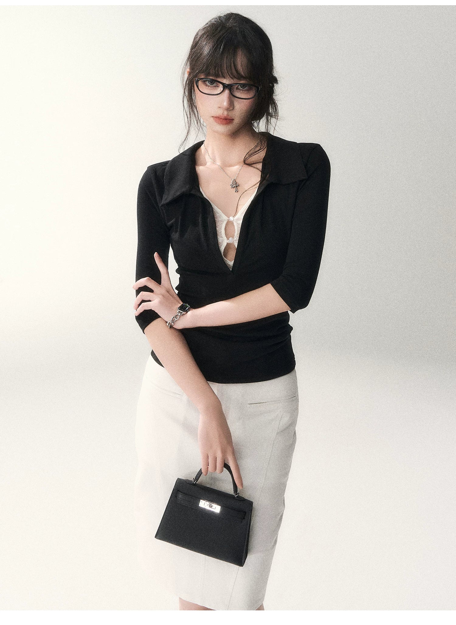 Black Lace Panel Faux-Layer Fitted Top
