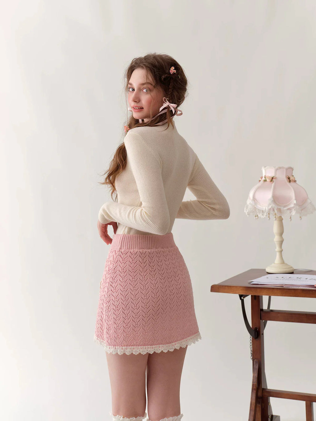 Collegiate White Mock-Neck Knit Top & Skirt Set