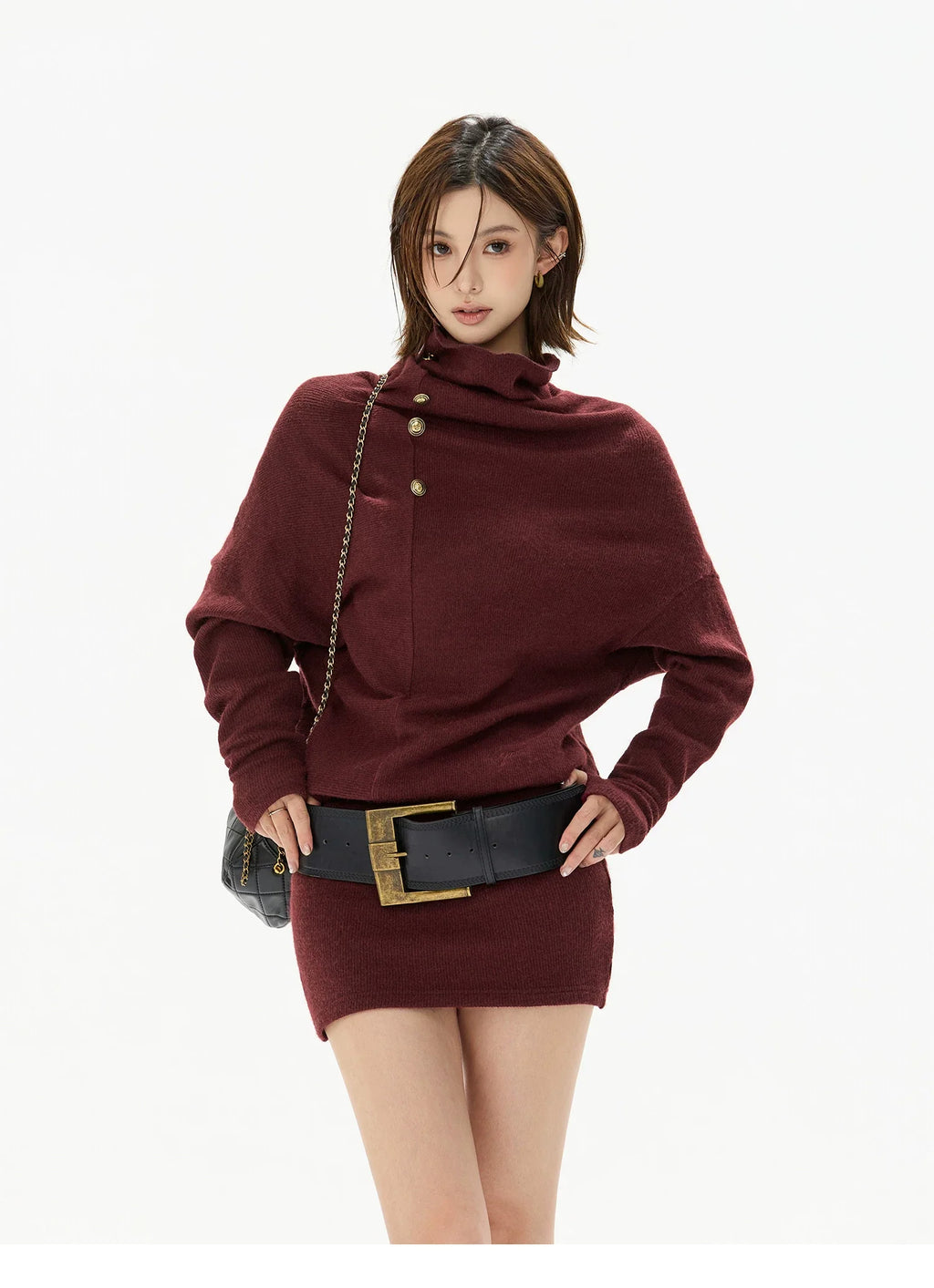 Cowl-Neck Batwing Sleeve Knit Mini Dress