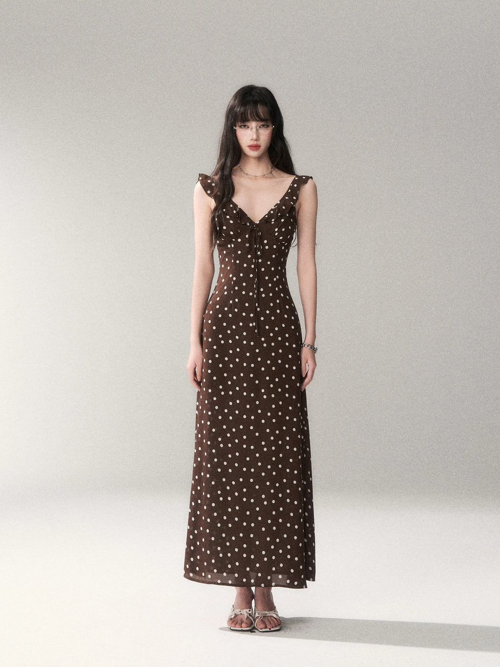 Chocolate Polka Dot French Slim-Fit Slip Maxi Dress