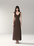 Chocolate Polka Dot French Slim-Fit Slip Maxi Dress