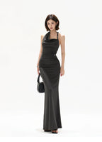 Elegant Draped Halter Knit Maxi Dress