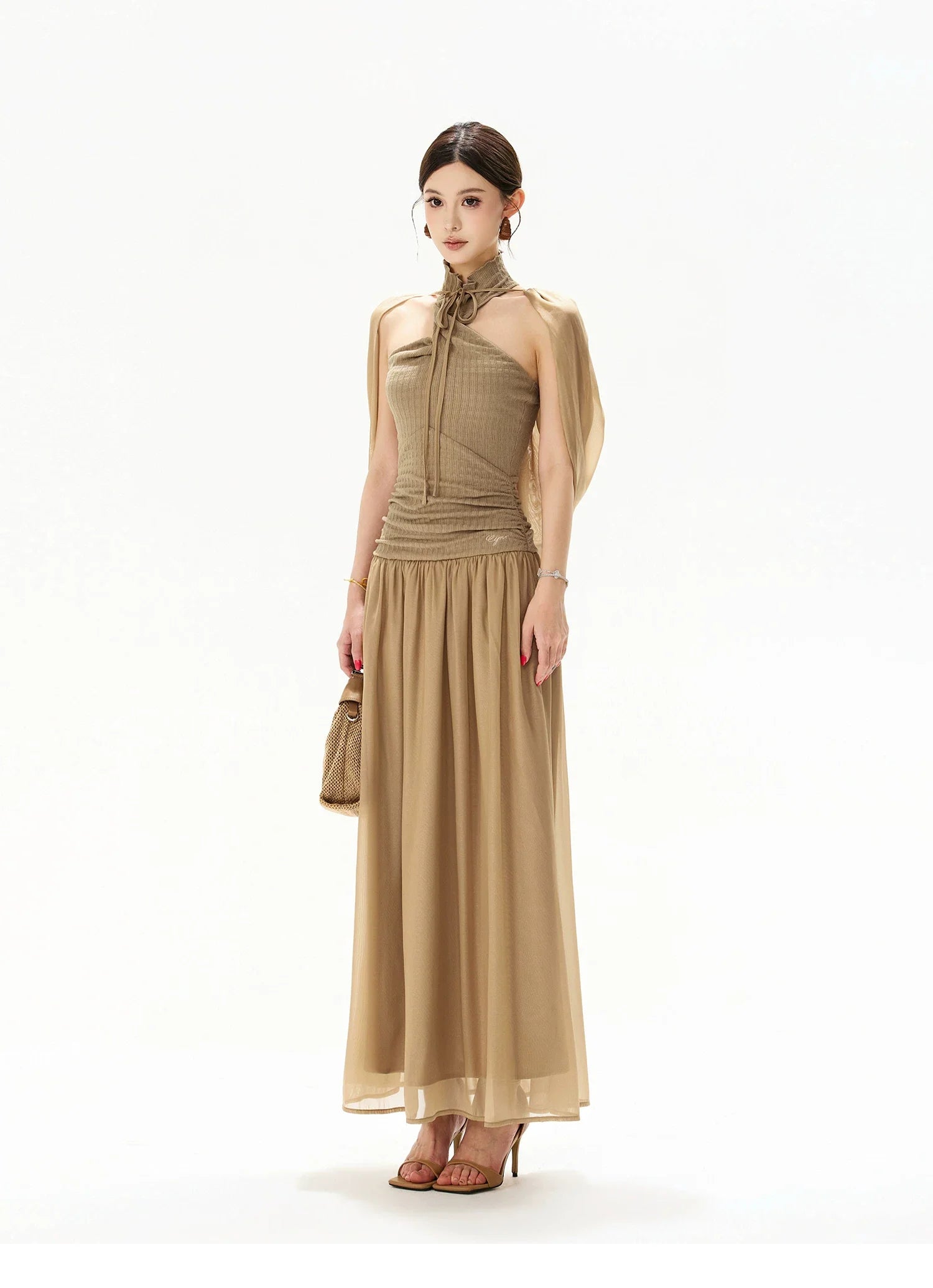 French Court Halter Draped Knit Maxi Dress