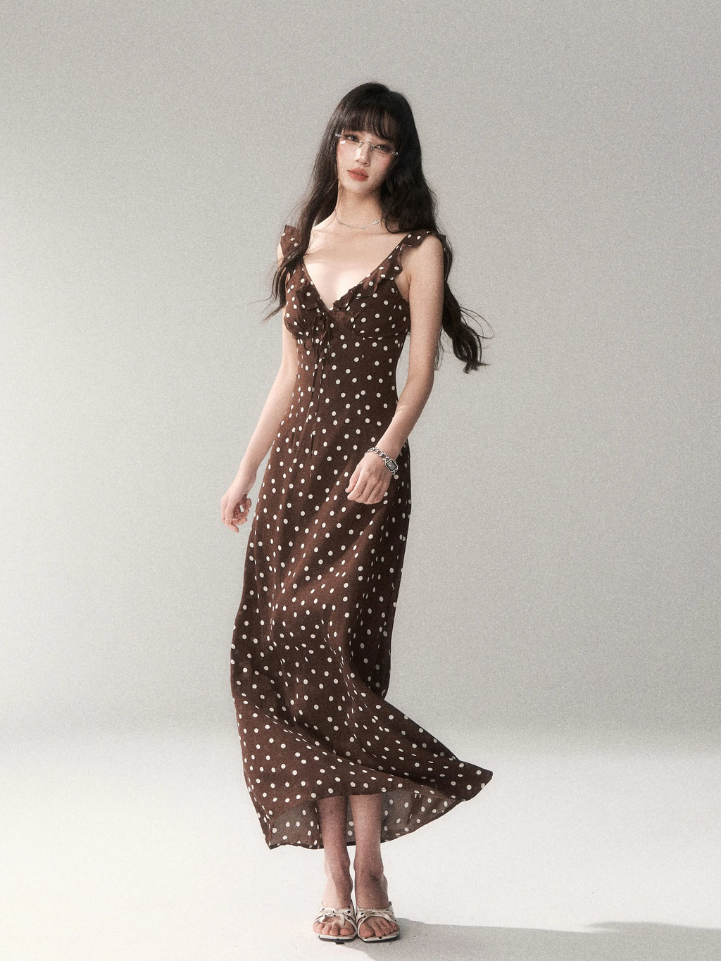 Chocolate Polka Dot French Slim-Fit Slip Maxi Dress