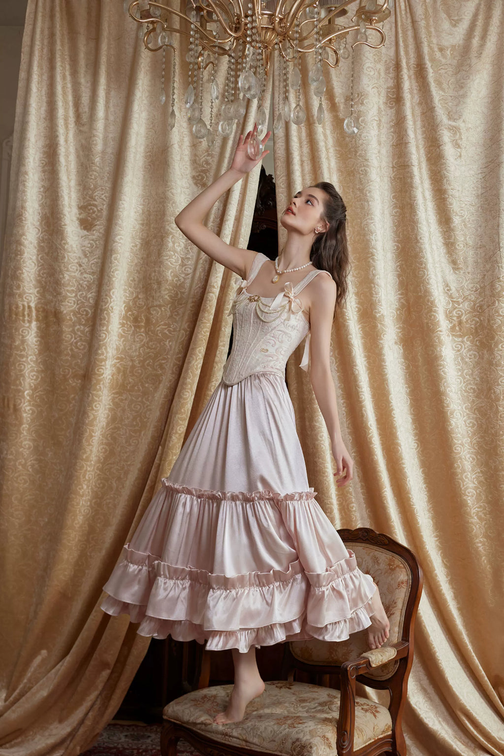 Jacquard Corset Top & Satin Ruffle Skirt Set