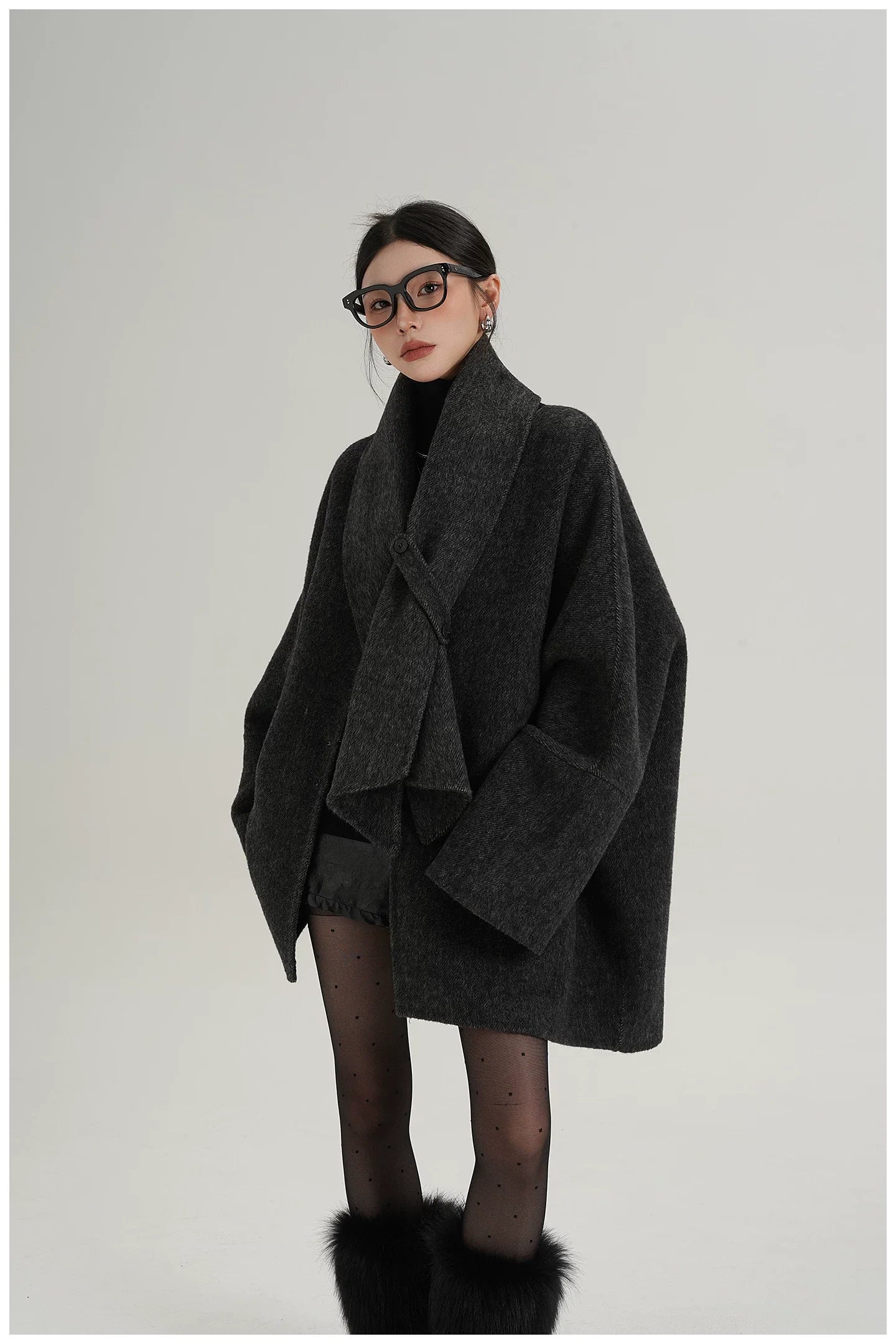Scarf-Detail Mid-Length Wool Jacket