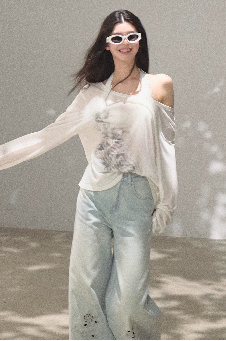 Bohemian Cut-Out Embroidered Wide-Leg Denim Trousers