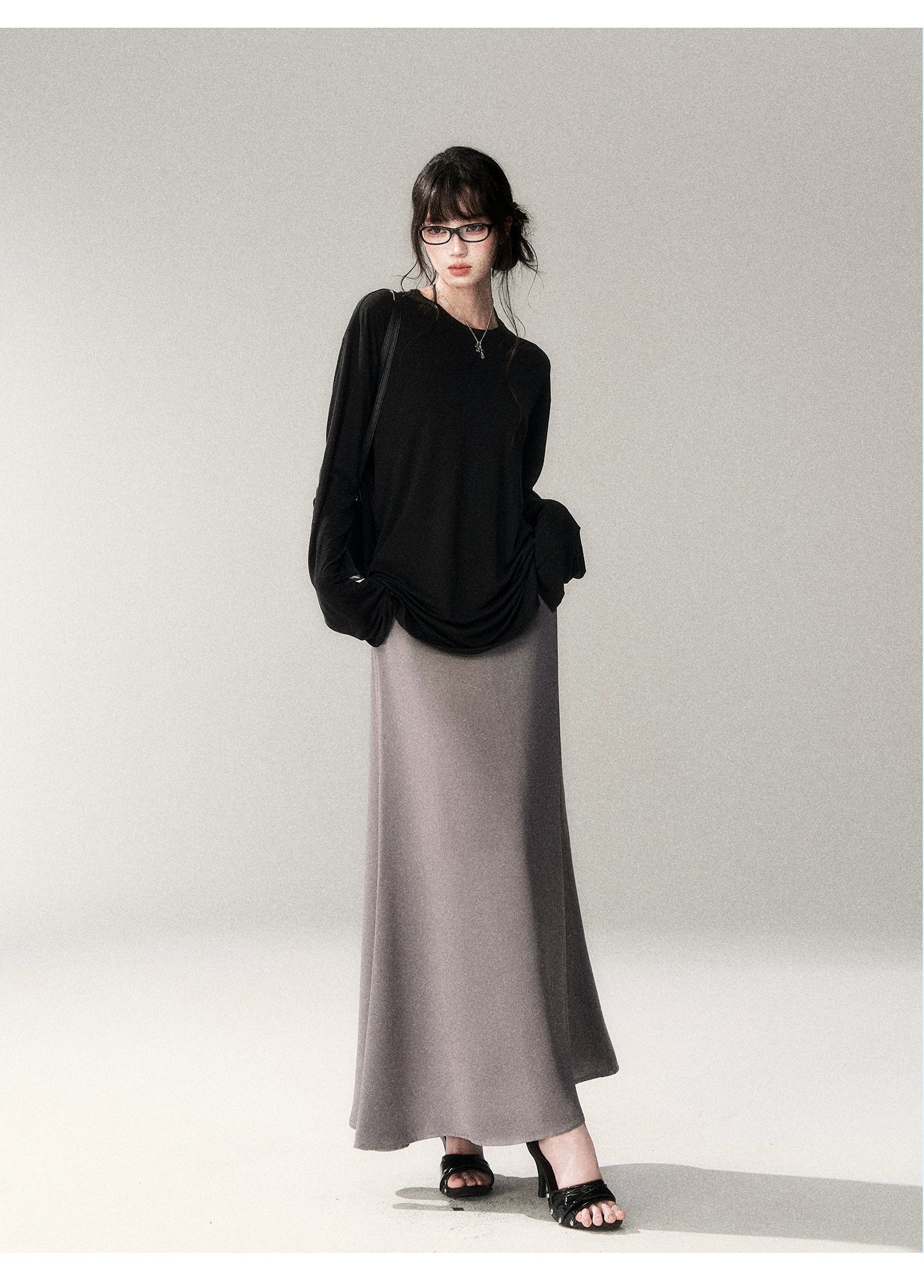 French Satin Acetate A-Line Midi Skirt