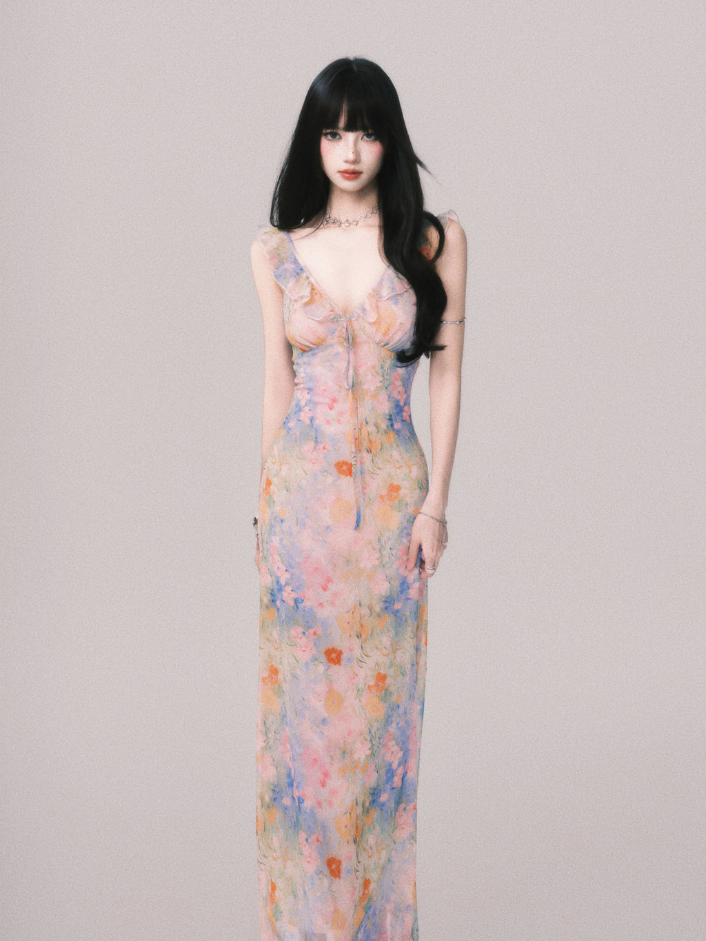 Floral V-Neck French Slip Maxi Dress