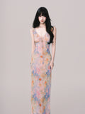 Floral V-Neck French Slip Maxi Dress