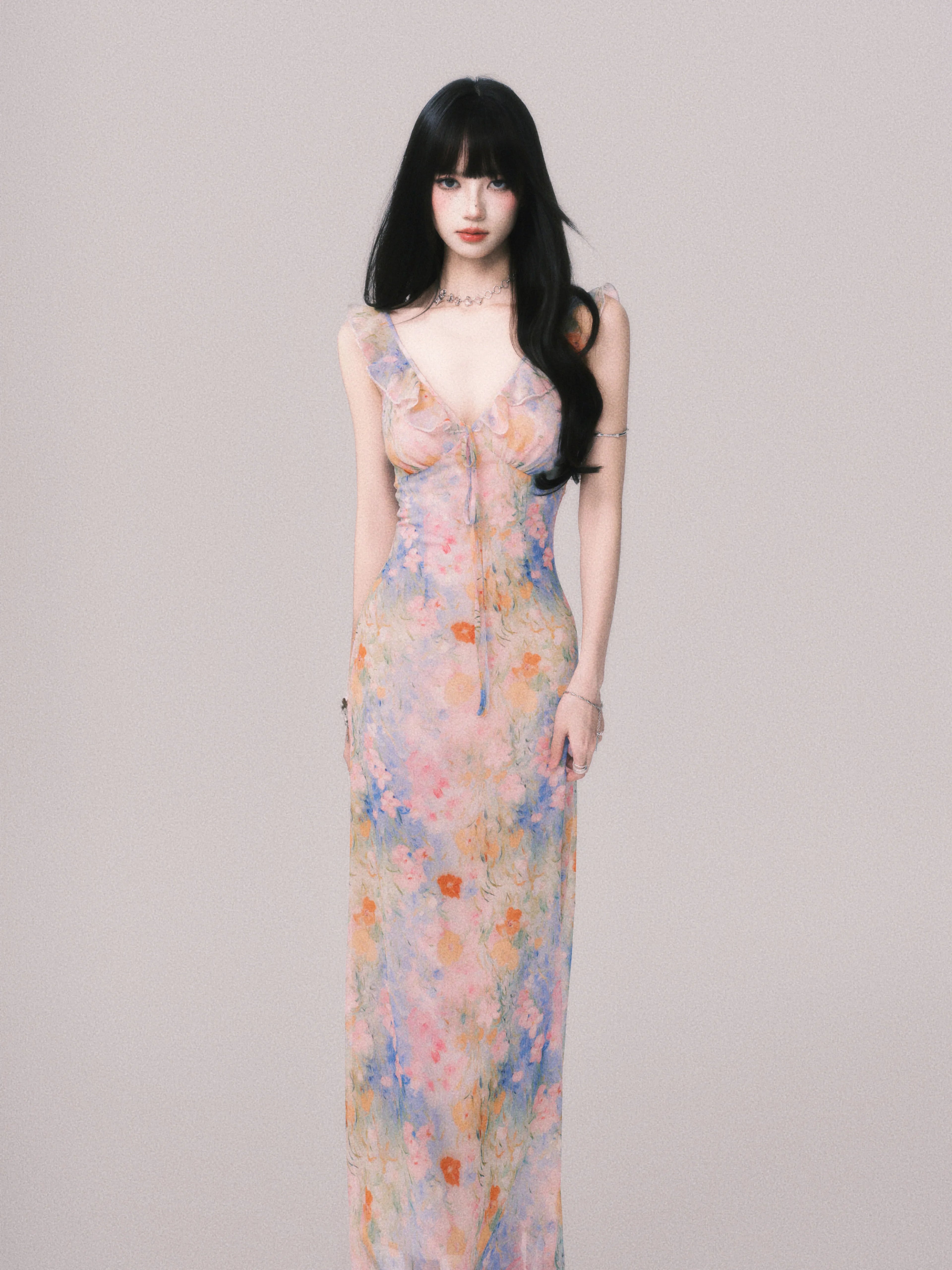 Floral V-Neck French Slip Maxi Dress