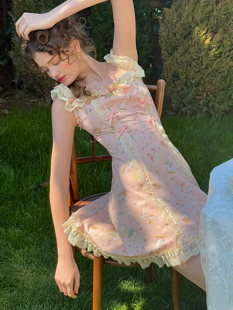 Vintage Pastoral Printed Lace Slip Dress