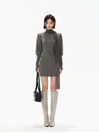 Minimalist Draped Turtleneck Knit Mini Dress with Tassel Ties