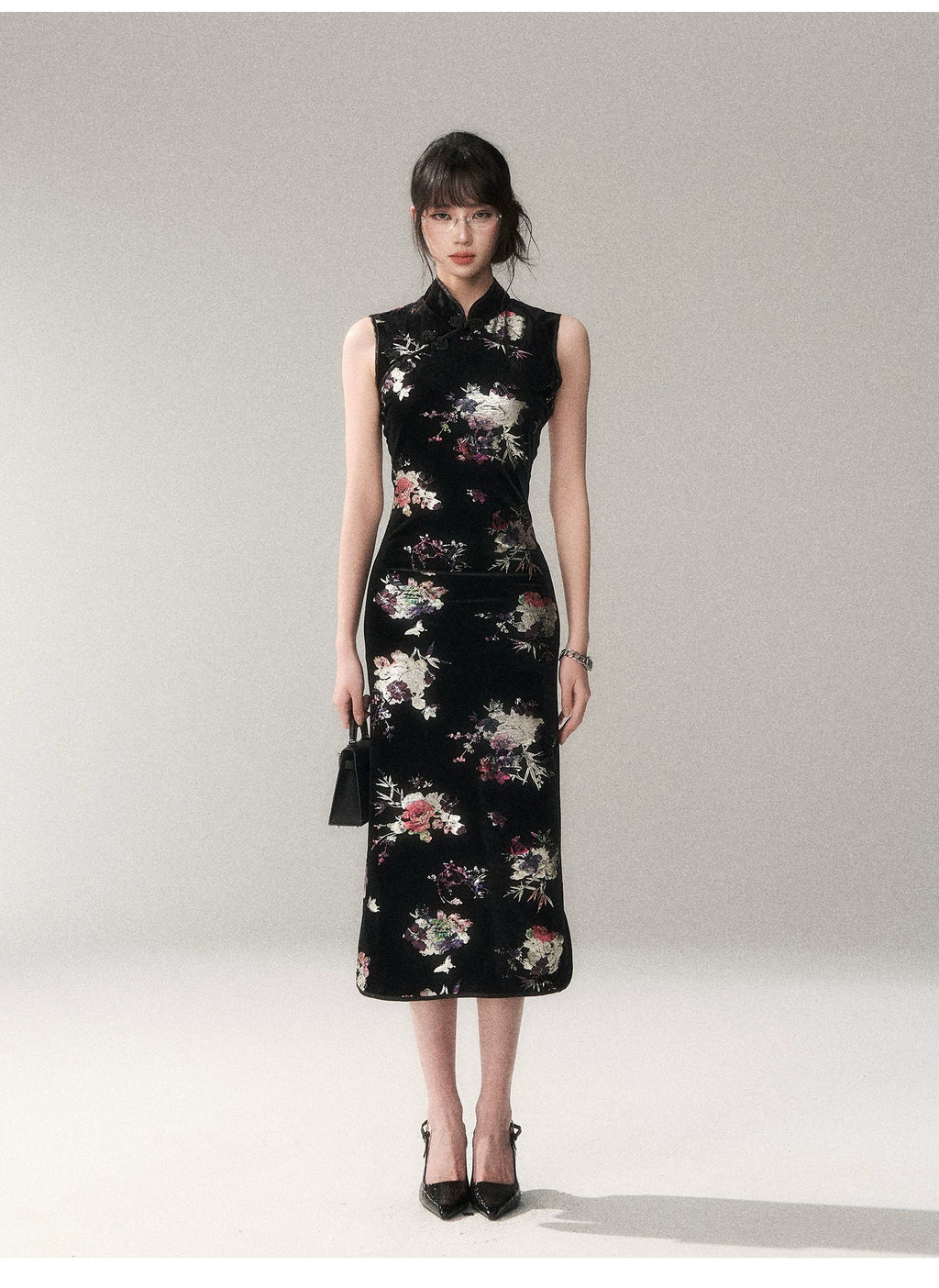 Gilded Velvet Floral Cheongsam Dress
