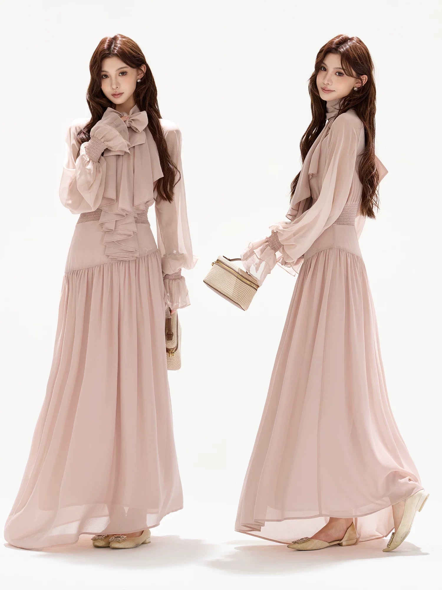 V-Neck Lantern Sleeve Maxi Dress