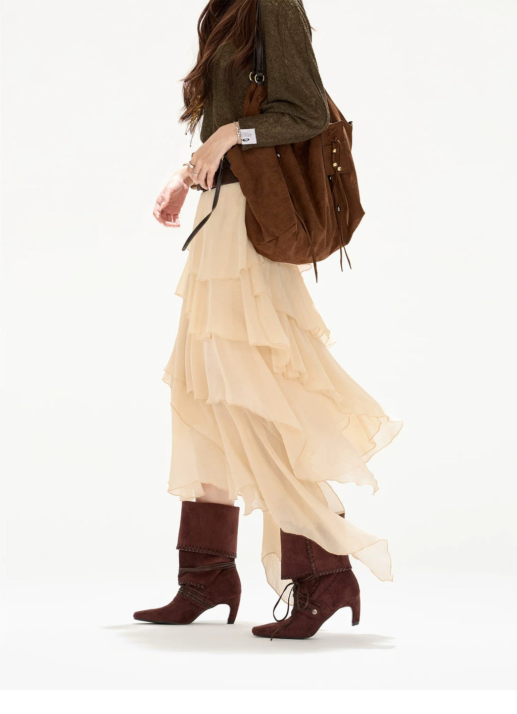 Faux-Belt Tiered Chiffon Maxi Skirt