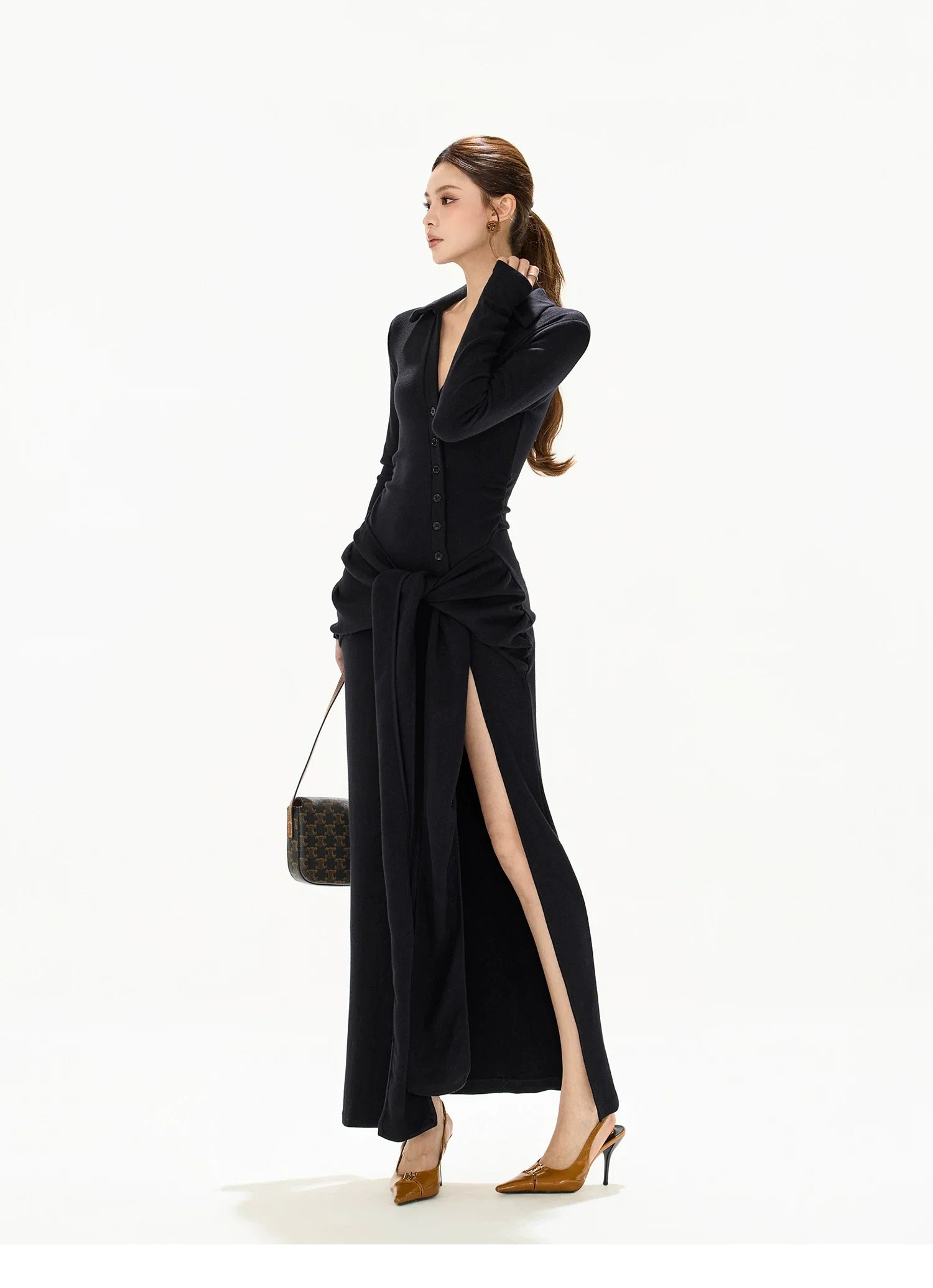 High-Slit Lace-Up Bodycon Maxi Dress