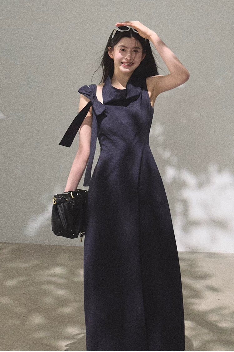 Halterneck Cotton Cinched-Waist Maxi Dress