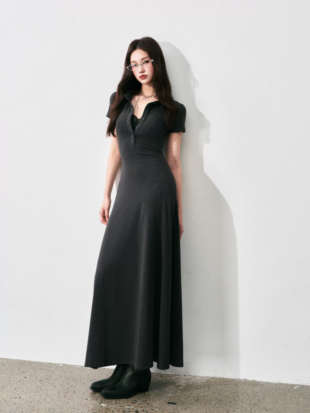 Half-Placket Polo Collar Knit Maxi Dress