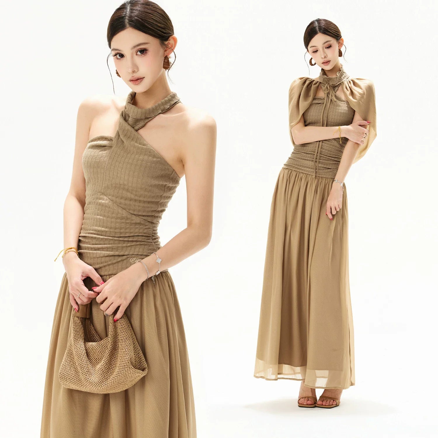 French Court Halter Draped Knit Maxi Dress