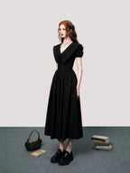 Puff-Sleeve Waist-Defined Maxi Dress