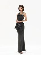 Elegant Draped Halter Knit Maxi Dress